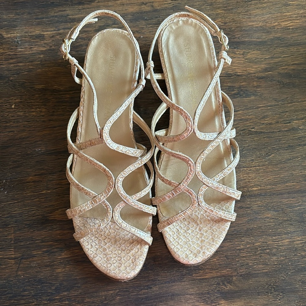 Stuart Weitzman Croc-Embossed Low Wedge Sandals 9… - image 1